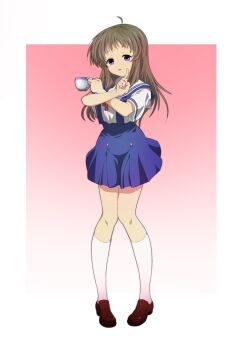 Rule 34 | 1girl, absurdres, blue skirt, brown hair, brown shoes, clannad, commentary, crossed arms, cup, full body, hands up, high-waist skirt, highres, hikarizaka private high school uniform, holding, holding cup, index finger raised, kneehighs, knees together feet apart, light blush, loafers, long hair, looking at viewer, miyazawa yukine, mogege gk, open mouth, purple eyes, sailor collar, school uniform, serafuku, shirt, shoes, short sleeves, sidelocks, simple background, skirt, smile, socks, solo, standing, summer uniform, suspender skirt, suspenders, teacup, white background, white sailor collar, white shirt, white socks