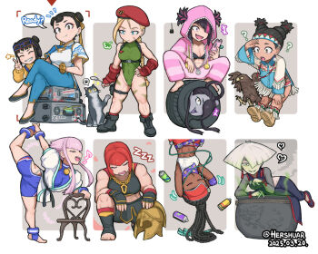 Rule 34 | +++, 6+girls, ?, a.k.i. (street fighter), artist name, beret, bird, black boots, boots, cammy white, capcom, cellphone, chair, chun-li, closed eyes, closed mouth, crossed legs, dark-skinned female, dark skin, dated, english text, female seth (street fighter), green leotard, han juri, hat, hawk, hershuar, holding, holding phone, kimberly jackson, kneeling, leg up, leotard, li-fen, lily hawk, manon legrand, marisa (street fighter), multiple girls, muscular, muscular female, musical note, official alternate costume, open mouth, phone, seth (street fighter), sitting, sleeping, smartphone, smile, speech bubble, spoken musical note, squatting, street fighter, street fighter 6, stretching, twitter username, unused tire, upside-down, zzz