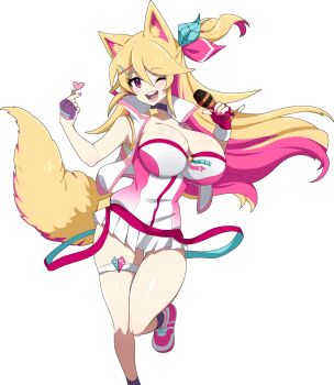 1girl ;d animal_ears asymmetrical_gloves bare_legs blonde_hair borrowed_character breasts cleavage colored_inner_hair commission double-parted_bangs finger_heart fingerless_gloves foot_out_of_frame gloves hair_between_eyes hair_ornament half_gloves hands_up happy heart holding holding_microphone jacket knee_up large_breasts long_hair looking_at_viewer microphone microskirt mismatched_gloves multicolored_hair nail_polish nashirasauce one_eye_closed one_side_up open_clothes open_jacket open_mouth original pendant_choker pink_gloves pink_hair pink_nails pink_shoes pink_trim pleated_skirt purple_eyes second-party_source shoes simple_background skirt sleeveless sleeveless_jacket smile sneakers solo standing standing_on_one_leg tachi-e teeth thigh_strap transparent_background two-tone_hair white_jacket white_skirt wind x_hair_ornament yellow_tail