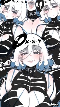 1girl absurdres artist_name bilingual_commentary black_leotard breasts cleavage_cutout closed_mouth clothing_cutout commentary earrings english_commentary grey_eyes hair_ornament heart_cutout heattech_leotard highres jewelry jrpencil large_breasts leotard looking_at_viewer mature_female mixed-language_commentary multiple_views open_mouth original parted_bangs parted_lips print_leotard short_hair skeleton_print skull_hair_ornament smile tongue tongue_out turtleneck white_hair