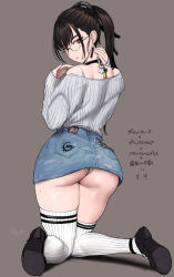 Rule 34 | 1girl, ass, black footwear, black hair, closed mouth, denim, denim skirt, drop earrings, earrings, eve (stellar blade), from behind, glasses, grey sweater, hashtag-only commentary, jewelry, kneeling, long hair, looking at viewer, looking back, mechanical spine, miyamoto issa, off-shoulder sweater, off shoulder, panties, ponytail, ribbed sweater, simple background, skirt, socks, solo, stellar blade, sweater, thighhighs, translation request, underwear, white panties, white socks, white thighhighs