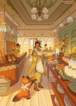 3girls animal animal_in_clothes apron baguette bakery baking baking_sheet boots bow bread bread_bun brick_oven brick_wall brown_boots cake chandelier commentary cupboard cupcake day dress flour flower food green_bow green_dress hair_bow hanging_light holding holding_tongs holding_tray indoors layer_cake leaf leaf_on_head looking_at_animal maxine_vee multiple_girls on_ladder open_door original oven pastry patreon_username pinstripe_dress pinstripe_pattern scenery shadow shop signature table tanuki tongs tray vase white_apron white_flower wide_sleeves window wooden_floor wooden_ladder wooden_table