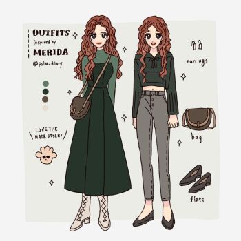 1girl blue_eyes brave_(pixar) brown_hair contemporary curly_hair dress dual_persona full_body highres long_hair looking_at_viewer merida_(brave) orange_hair pants peilu_(pslu0423) red_hair shirt simple_background smile solo
