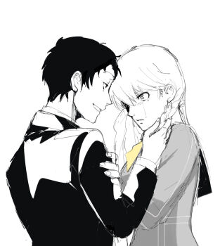 Rule 34 | 1boy, 1girl, adachi tooru, ajirostudio, braid, commentary request, crying, genderswap, genderswap (mtf), greyscale, hand on another's arm, hetero, highres, holding another's hair, jacket, long hair, long sleeves, looking at another, monochrome, narukami yu, persona, persona 4, short hair, simple background, sketch, smile, spot color, tears, upper body, white background