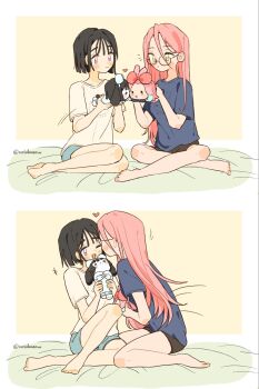 2girls alien_stage barefoot black_hair black_shorts blue_shirt blue_shorts closed_mouth coldmeow commentary glasses heart highres holding holding_stuffed_toy kiss kissing_cheek long_hair mizi_(alien_stage) multiple_girls one_eye_closed pink_hair purple_eyes shirt short_hair short_sleeves shorts sitting smile stuffed_toy sua_(alien_stage) twitter_username white_shirt yellow_eyes yuri