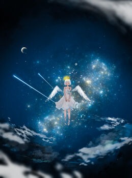 1girl absurdres angel angel_wings cloud commentary_request crescent_moon dress floating_hair full_body halo highres meteor_shower moon night night_sky nor_ni original outdoors scenery short_hair sky sky_focus sleeveless sleeveless_dress solo spaghetti_strap star_(sky) starry_sky traditional_halo white_dress white_hair white_wings wings
