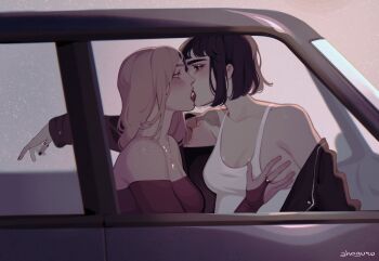 2girls ahageao49 arm_tattoo bare_shoulders black_hair black_jacket blonde_hair blush breasts car_interior cleavage commentary english_commentary freckles french_kiss grabbing_another's_breast groping highres jacket jewelry kiss long_hair medium_breasts multiple_girls necklace off-shoulder_shirt off_shoulder original red_shirt shirt short_hair tank_top tattoo thumb_ring white_tank_top yuri