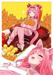 Rule 34 | 1girl, = =, absurdres, animal ears, barefoot, blanket, blush, blush stickers, border, bow, carrot, commentary request, corn, dreaming, drooling, ear wiggle, freely2327, hair between eyes, hairband, hamburger steak, haru urara (umamusume), highres, holding, holding carrot, horse ears, horse girl, horse tail, long hair, long sleeves, mouth drool, multiple views, open mouth, pajamas, pillow, pink hair, pink pajamas, ponytail, red hairband, sitting on food, sleeping, smile, tail, umamusume, white border, white bow
