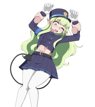 1boy 1girl absurdres armband arms_up belt blue_archive blue_armband blush demon_tail disembodied_hand disembodied_penis gloves green_hair groin hands_up hat hetero highres hiivenn hikari_(blue_archive) hip_focus large_penis legs_together loli long_hair long_sleeves looking_at_penis looking_down lying midriff naizuri naizuri_under_clothes nose on_back one_eye_closed open_mouth paizuri paizuri_under_clothes penis pleated_skirt pointy_ears precum precum_on_face rape simple_background skirt tail teeth uncensored upper_teeth_only white_background white_gloves yellow_eyes