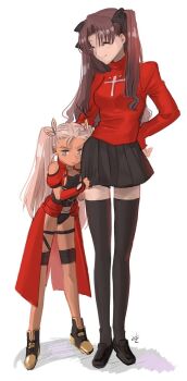 Rule 34 | 2girls, archer (fate), asamitsu (n morninglight), bare shoulders, black footwear, black panties, black ribbon, black skirt, black thighhighs, blonde hair, breasts, brown hair, chloe von einzbern, chloe von einzbern (archer install), closed mouth, dark-skinned female, dark skin, fate/stay night, fate (series), hair ribbon, highres, large breasts, long hair, long sleeves, miniskirt, multiple girls, panties, parted bangs, pleated skirt, red shirt, ribbon, shirt, shoes, skirt, smile, standing, thighhighs, tohsaka rin, underwear, zettai ryouiki