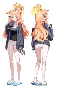 1girl absurdres alternate_costume animal_ears ass black_jacket blue_archive blue_eyes blue_slippers breasts cat_ears cat_girl cellphone cleavage commentary flower from_behind full_body hair_flower hair_ornament halo highres holding holding_notebook holding_phone jacket long_hair long_sleeves looking_at_viewer looking_back mari_(blue_archive) multiple_views no_pants notebook open_clothes open_jacket orange_hair panties phone sak_(lemondisk) simple_background slippers smartphone standing symbol-only_commentary underwear white_background white_panties