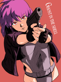 1girl aiming aiming_at_viewer belt black_gloves breasts choppy_bangs closed_mouth commentary_request copyright_name cowboy_shot finger_on_trigger fingerless_gloves ghost_in_the_shell gloves grey_belt grey_leotard gun hair_between_eyes handgun highleg highleg_leotard highres holding holding_gun holding_weapon itsumeee3 jacket kusanagi_motoko leotard looking_at_viewer open_clothes open_jacket own_hands_together purple_hair purple_jacket red_background red_eyes short_hair simple_background sketch small_breasts solo strapless strapless_leotard two-handed weapon wide_hips