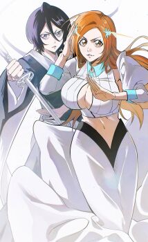 Rule 34 | 2girls, absurdres, black hair, bleach, bleach: sennen kessen-hen, breasts, brown eyes, cleavage, cleavage cutout, clothing cutout, collarbone, detached sleeves, hair ornament, hairclip, highres, holding, holding sword, holding weapon, inoue orihime, japanese clothes, kuchiki rukia, large breasts, long hair, long skirt, medium hair, midriff, multiple girls, n (nauki 11), navel, orange hair, puffy sleeves, shihakusho, simple background, skirt, small breasts, sode no shirayuki (shikai), standing, sword, weapon, white background, zanpakutou