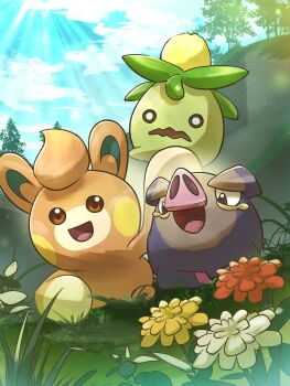 :d brown_eyes cloud commentary_request day flower grass highres lechonk nintendo no_humans o_o open_mouth outdoors pawmi pokemon pokemon_(creature) sky smile smoliv tongue tree yamaori_(hakkentai_pokedan)