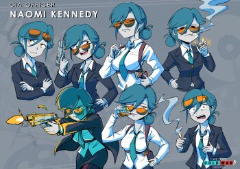 1girl absurdres black_jacket black_skirt blue_hair blue_necktie browning_hi-power central_intelligence_agency commentary english_commentary english_text firing formal_clothes gun handgun highres holster jacket looking_over_eyewear multiple_views naomi_bluebird necktie nico_jiang orange-tinted_eyewear pencil_skirt reference_sheet shirt shoulder_holster skirt smoking suit sunglasses tinted_eyewear we_love_cold_war weapon white_shirt yellow-tinted_eyewear