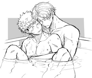 Rule 34 | 2boys, bath, bathing, bathtub, closed eyes, closed mouth, collarbone, commentary request, front-to-back, gojou satoru, greyscale, highres, hug, hug from behind, itadori yuuji, jujutsu kaisen, knees up, looking at another, male focus, monochrome, multiple boys, nay bb, nude, partially submerged, same-sex bathing, shared bathing, short hair, wet, yaoi