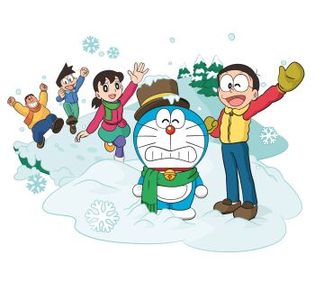 1girl 4boys black_hair blue_pants cat_boy doraemon doraemon_(character) full_body glasses gloves gouda_takeshi highres honekawa_suneo minamoto_shizuka multiple_boys nobi_nobita official_alternate_costume official_art one_eye_closed open_mouth pants scarf shirt short_hair simple_background standing t-shirt transparent_background winter_clothes