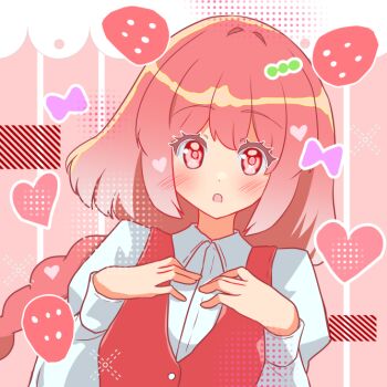 Rule 34 | 1girl, :o, ben-day dots, blush, bow, collared shirt, commentary request, food, fruit, hands on own chest, heart, heart in eye, long sleeves, looking at viewer, medium hair, okazaki yumemi, open mouth, pink background, red eyes, red hair, red vest, screentones, shirt, solo, strawberry, symbol in eye, teruteru12, touhou, upper body, vest, waistcoat, white shirt