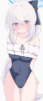 Rule 34 | 1girl, :o, absurdres, arms behind back, blue archive, blue one-piece swimsuit, blush, breasts, cameltoe, casual one-piece swimsuit, commentary, covered navel, cowboy shot, frilled one-piece swimsuit, frills, gluteal fold, grey hair, groin, halo, highres, long hair, looking at viewer, medium breasts, miyako (blue archive), miyako (swimsuit) (blue archive), nui (nuinui0300), official alternate costume, one-piece swimsuit, ponytail, purple eyes, ribbon-trimmed swimsuit, ribbon trim, simple background, solo, sweatdrop, swimsuit, thigh gap, very long hair, white background