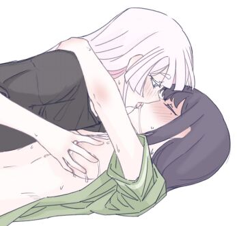 Rule 34 | 2girls, arm around neck, black hair, black shirt, blue eyes, blush, breasts, cho kaguya-hime!, closed eyes, facing another, french kiss, from side, groping, highres, kiss, long hair, looking at another, lying, medium breasts, mole, mole under eye, multiple girls, on back, open clothes, open shirt, pink hair, profile, runami yachiyo, sakayori iroha, saliva, saliva trail, shirt, short sleeves, sweat, tafnutou, tongue, upper body, white background, white hair, yuri