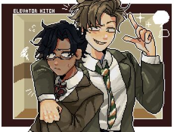 2boys 9aaaalt29 arm_around_waist black_hair border brown_border brown_hair brown_suit business_suit closed_mouth collared_shirt commentary copyright_name coworker_(elevator_hitch) dark-skinned_male dark_skin elevator_hitch formal_clothes green_necktie green_suit grin highres male_focus multicolored_necktie multiple_boys necktie nervous orange_necktie outline pixel_art protagonist_(elevator_hitch) salaryman shirt short_hair smile suit sweat symbol-only_commentary teeth upper_body very_short_hair white_necktie white_outline white_shirt