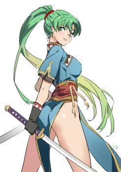 1girl ass club3 earrings female_focus fingerless_gloves fire_emblem fire_emblem:_the_blazing_blade gloves green_eyes green_hair high_ponytail highres jewelry long_hair looking_at_viewer lyn_(fire_emblem) nintendo pelvic_curtain ponytail side_slit simple_background smile solo sword weapon white_background