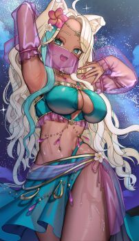 1girl ahoge animal_ear_fluff animal_ears aqua_eyes aqua_skirt aqua_streaks arm_behind_head armpits artist_request blonde_hair blue_background breasts commentary_request cowboy_shot dark-skinned_female dark_skin detached_sleeves dog_ears dog_girl fingernails flower hair_flower hair_ornament hand_up harem_outfit highres indie_virtual_youtuber jewelry large_breasts long_hair looking_at_viewer mask mole mole_under_eye mona_meria mouth_mask multicolored_hair nail_polish navel necklace open_mouth pink_nails purple_mask second-party_source see-through_clothes see-through_mask skirt smile solo stomach streaked_hair sweat very_sweaty virtual_youtuber