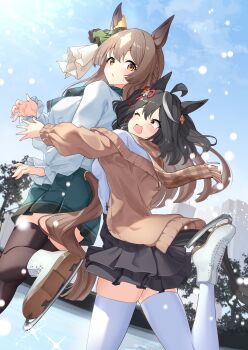 2girls absurdres animal_ears black_hair black_skirt black_thighhighs blush boots bow brown_eyes brown_hair brown_jacket brown_scarf commentary_request ear_ribbon green_scarf green_skirt highres horse_ears horse_girl horse_tail hug hug_from_behind ice_skating jacket kitasan_black_(umamusume) multiple_girls one_eye_closed open_mouth red_eyes ribbon satono_diamond_(umamusume) scarf shirt skating skirt standing standing_on_one_leg sunny_(20597521) tail thighhighs umamusume white_boots white_ribbon white_shirt white_thighhighs zettai_ryouiki