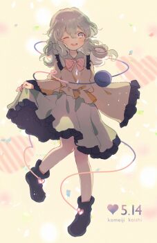 1girl backlighting black_shoes bow bowtie full_body green_skirt heart highres koishi_day komeiji_koishi long_hair long_sleeves looking_at_viewer nig_18 one_eye_closed open_mouth pink_bow pink_bowtie shirt shoes skirt skirt_hold smile solo touhou wide_sleeves yellow_shirt