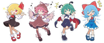 +++ 4girls animal_ears antennae ascot bird_ears bird_wings black_cape black_shoes black_shorts black_skirt black_vest blonde_hair blue_eyes blue_hair blue_shoes blush_stickers bow bowtie brown_dress brown_hat brown_socks cape cato_(monocatienus) chibi chibi_only cirno collared_shirt commentary_request detached_wings dress fang frilled_shirt_collar frills full_body green_eyes green_hair grin hair_bow hair_ribbon hand_on_own_hip hat highres ice ice_wings kneehighs long_sleeves looking_at_viewer mary_janes medium_hair mesugaki_pose multiple_girls musical_note mystia_lorelei notice_lines one_eye_closed open_mouth pink_eyes pink_hair puffy_short_sleeves puffy_sleeves red_ascot red_bow red_bowtie red_cape red_eyes red_ribbon red_shoes ribbon rumia shirt shoes short_sleeves shorts simple_background singing skin_fang skirt skirt_set smile socks star_(symbol) touhou two-sided_cape two-sided_fabric vest white_background white_shirt white_socks wide_sleeves winged_hat winged_shoes wings wriggle_nightbug