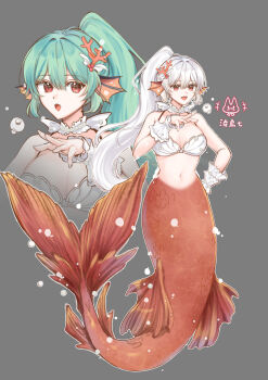 1girl absurdres air_bubble alternate_hair_color bare_shoulders breasts bubble choker cleavage commentary_request coral coral_hair_ornament fins green_hair grey_background hair_ornament halterneck head_fins highres lace lace_choker large_breasts long_hair mermaid monster_girl navel original ponytail red_tail scales shuyaun sidelocks signature tail white_choker white_hair wrist_cuffs
