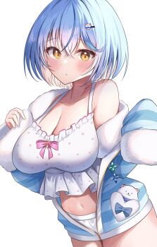 1girl ahoge aqua_jacket bare_shoulders blue_hair blush bob_cut breasts camisole cleavage closed_mouth collarbone commentary_request daifuku_(yukihana_lamy) elf fluffy_clothes fur-trimmed_jacket fur-trimmed_sleeves fur_trim good_oshi_day hair_between_eyes hair_ornament highres hololive jacket large_breasts long_sleeves looking_at_viewer loungewear midriff navel official_alternate_costume official_alternate_hair_length official_alternate_hairstyle onabe_no_shime partially_unzipped pointy_ears polka_dot polka_dot_camisole short_hair skirt sleepwear solo stomach upper_body virtual_youtuber white_camisole white_skirt yellow_eyes yukihana_lamy yukihana_lamy_(roomwear)