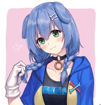 Rule 34 | 1girl, absurdres, animal ears, black choker, black shirt, blue hair, blue jacket, blush, bone hair ornament, braid, braided twintails, choker, closed mouth, commentary request, dog ears, double-parted bangs, gloves, grabbing own hair, green eyes, hair between eyes, hair ornament, hairclip, head tilt, highres, holding, holding own hair, hololive, hood, hooded jacket, inugami korone, inugami korone (sonikoro), jacket, long hair, looking at viewer, low twin braids, low twintails, o-ring, o-ring choker, official alternate costume, official alternate eye color, official alternate hair color, parallel hairclips, sega, shirt, smile, solo, traveler (artbbt), twin braids, twintails, twirling hair, upper body, virtual youtuber, white gloves