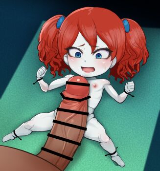 1boy 1girl 4066 ashes bdsm blue_eyes blush bondage bound colored_skin dark-skinned_male dark_skin doll_girl dot_nose embarrassed flat_chest full_body hetero imminent_penetration imminent_rape imminent_vaginal large_penis loli looking_at_penis looking_down lying medium_hair mini_person minigirl nervous nipples on_back open_mouth penis poppy_(poppyplaytime) poppy_playtime red_hair scared size_difference solo_focus spread_legs toes twintails white_skin
