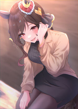 1girl absurdres animal_ears black_pantyhose black_skirt blush breasts brown_coat brown_hair coat ear_covers ear_ornament gentildonna_(umamusume) grey_sweater hair_between_eyes hair_ornament heart-shaped_ornament heart_ear_ornament highres horse_ears horse_girl horse_tail large_breasts long_hair looking_at_viewer namiki_(namiki071897) open_clothes open_coat open_mouth pantyhose pencil_skirt red_eyes sitting skirt smile solo sweater tail umamusume