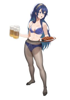 1girl alcohol bare_shoulders beer beer_mug blue_bra blue_eyes blue_hair blue_panties bra breasts brown_pantyhose carlo_montie chicken_(food) chicken_wing cleavage commission cup fire_emblem fire_emblem_awakening food full_body highres long_hair lucina_(fire_emblem) mug navel nintendo open_mouth panties pantyhose sidelocks small_breasts solo tiara underwear