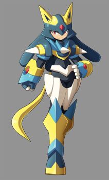 alternate_color armor clenched_hand commentary cosplay crossover english_commentary full_body gen_4_pokemon grey_background highres lucario lucario_(cosplay) mega_man_(series) mega_man_zx nintendo palette_swap parody pokemon power_armor red_eyes science_fiction shiny_pokemon simple_background standing style_parody tagme ultimatemaverickx yellow_armor