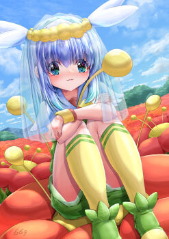 1girl :3 absurdres blue_eyes blue_hair blush cloud day field flabebe flower flower_field gen_6_pokemon green_shoes highres hugging_own_legs looking_at_viewer medium_hair nintendo outdoors personification pokedex_number pokemon shoes socks solo veil wristband yellow-star-light yellow_socks