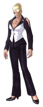 1girl blonde_hair breasts cleavage curvy dress earrings female_focus formal_clothes hair_bun highres huge_breasts jewelry large_breasts long_hair long_sleeves mature_(kof) open_clothes pale_skin pants shoes smile smiley_face standing suit the_king_of_fighters thick_thighs thighs
