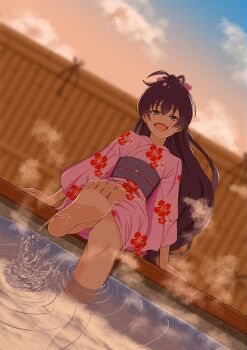 Rule 34 | 1girl, absurdres, ahoge, antenna hair, aqua eyes, artist request, barefoot, black hair, bow, breasts, collarbone, eyelashes, fang, feet, feet in water, female focus, floral print, ganaha hibiki, hair between eyes, hair bow, hair ornament, half-closed eyes, happy, high ponytail, highres, huge filesize, idolmaster, idolmaster (classic), japanese clothes, kimono, legs, long hair, long sleeves, looking at viewer, medium breasts, namco, neck, obi, open mouth, outdoors, outstretched leg, ponytail, sash, sidelocks, sitting, soles, splashing, thighs, toes, wide ponytail, wide sleeves, yukata