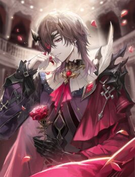 1boy armor black_hair blurry blurry_background colored_skin commentary duet_night_abyss eyepatch feathers flower fractalmagnolia gradient_hair highres holding holding_flower male_focus medium_hair multicolored_hair petals phantasio_(duet_night_abyss) purple_hair red_eyes red_flower solo symbol-only_commentary thorns white_skin