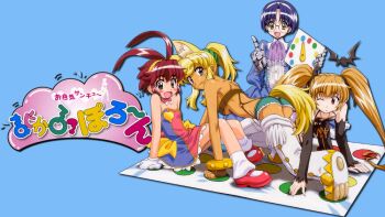 4girls aiko_(magipoka) android animal_ears bat_(animal) blonde_hair blue_eyes blue_hair blush brown_hair character_request glasses hairband liru looking_at_viewer looking_back multiple_girls official_art pachira ponytail red_eyes red_hair renkin_san-kyuu_magical_pokaan twintails twister vampire werewolf witch wolf_ears yellow_eyes yuuma_(magipoka)