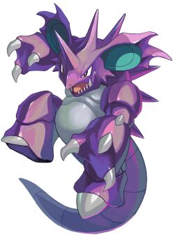 bright_pupils brown_eyes claws commentary_request full_body gen_1_pokemon highres large_ears nidoking nintendo no_humans open_mouth pokemon pokemon_(creature) sharp_teeth simple_background solo spikes teeth tesshii_(riza4828) tongue white_background white_pupils