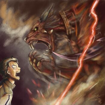 1boy absurdres artist_name black_hair brown_shirt chaos_(warhammer) claws collared_shirt colored_skin commentary crossover daemon_(warhammer) daemon_prince english_commentary fangs gold_necklace highres jewelry lightning natsuki_subaru necklace open_mouth re:zero_kara_hajimeru_isekai_seikatsu red_skin samus_(warhammer_40k) shirt short_hair signature sonofthecrimsonking surprised warhammer_40k wide-eyed yellow_eyes