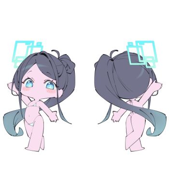 1girl absurdres aris_(blue_archive) ass bikini black_hair blue_archive blue_eyes chibi flat_chest full_body highres loli micro_bikini multiple_views navel ponytail solo standing stomach swimsuit yu1_na12