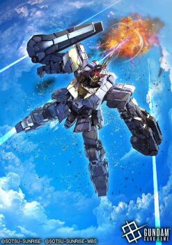 artist_request beam_cannon claws cloud cloudy_sky copyright_notice debris explosion flying freefall glowing gundam gundam_card_game gundam_unicorn lens_flare logo machinery mecha mecha_focus mobile_suit no_humans official_art realistic red_visor robot scene_reference science_fiction sky smoke sunrise_(company) unicorn_gundam_banshee