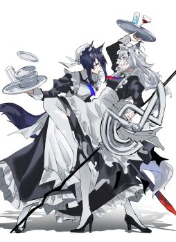 Rule 34 | 2girls, absurdres, alternate costume, animal ears, apron, arknights, ascot, black hair, blood, bloody weapon, blue ascot, cigarette, cocktail glass, commentary, cup, drinking glass, enmaided, gradient ascot, grey hair, hat, high heels, highball glass, highres, holding, holding plate, holding sword, holding weapon, juliet sleeves, lappland (arknights), lappland the decadenza (arknights), leg up, long sleeves, maid, maid headdress, mob cap, multiple girls, pantyhose, plate, puffy sleeves, red ascot, shadow, sleeve cuffs, smile, smoking, sword, tail, texas (arknights), texas the omertosa (arknights), waiter, weapon, white apron, white background, white pantyhose, wolf girl, yakota (usuk-yako)