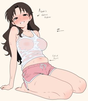 1girl absurdres arm_support arrow_(symbol) artist_name azumanga_daiou belly blush breasts brown_hair cleavage clenched_teeth collarbone covered_erect_nipples dolphin_shorts drawstring english_text full_body full_of_x_(meme) hair_over_shoulder highres long_hair looking_at_viewer meme nalathorm navel open_mouth pink_shorts plump see-through_clothes see-through_shirt seiza shirt shorts simple_background sitting solo sweat sweaty_clothes tanizaki_yukari teeth yellow_background