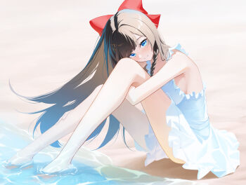 Rule 34 | 1girl, absurdres, bare shoulders, barefoot, beach, black hair, blue eyes, braid, breasts, closed mouth, commentary, dress, frilled dress, frills, hair ribbon, highres, hugging own legs, large breasts, legs, light blush, light smile, long hair, looking at viewer, red ribbon, ribbon, sand, shirayuki hina, sitting, sleeveless, sleeveless dress, soaking feet, solo, stellive, thighs, tiokun7, virtual youtuber, white dress