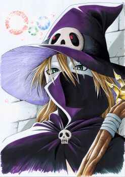 Rule 34 | 1boy, blonde hair, blue skin, colored skin, covered mouth, digimon, digimon (creature), green eyes, hat, highres, long hair, male focus, miura satoru, solo, staff, upper body, wizard, wizard hat, wizarmon